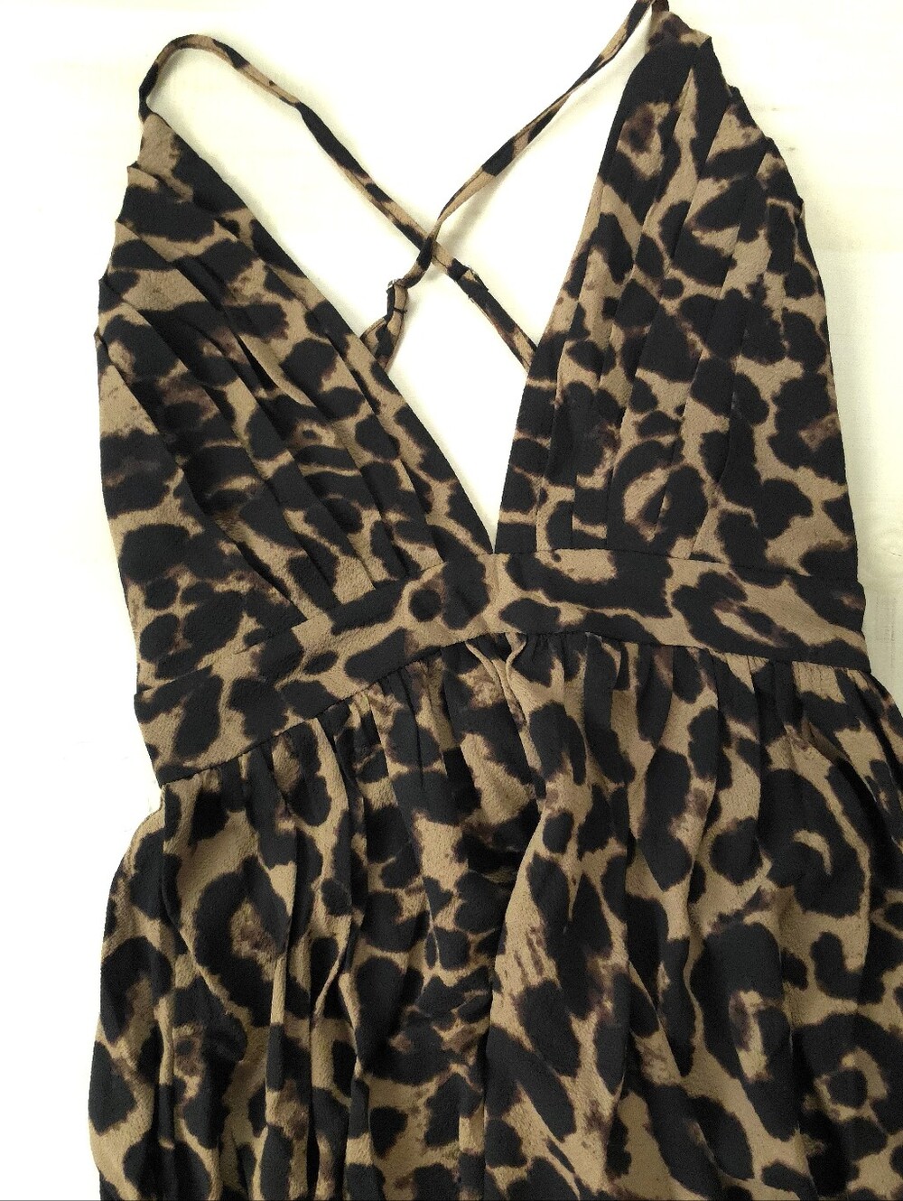 New Flowy Boho Leopard Print Maxi Dress Plunge V Neck Halter Long Black Brown - Picture 7 of 11
